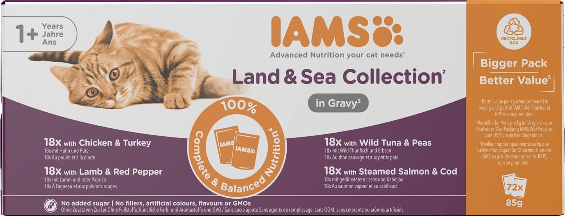 IAMS Delights Land & Sea Collection Katzenfutter Nass - Multipack Mit Fleisch Und Fisch Sorten in Sauce, Nassfutter Für Katzen Ab 1 Jahr, 72 X 85 G