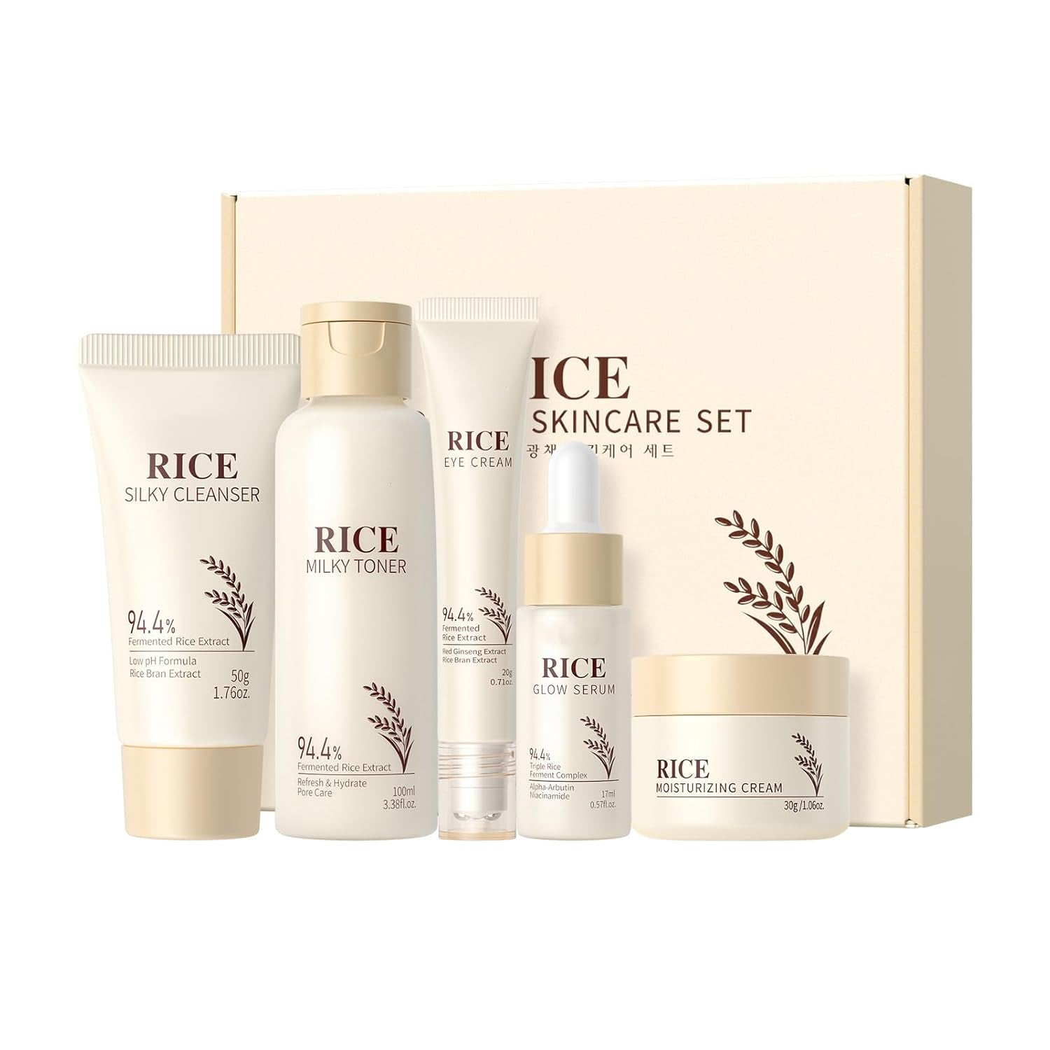 Rice Skincare Set 5-Teiliges Koreanisches Hautpflegeset Für Strahlende Haut - Glatte Gesichtspflegesets Mit Reiniger, Reiswasser, Serum, Augencreme, Gesichtscreme, Geschenkset Für Frauen Mädchen