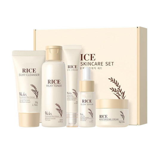 Rice Skincare Set 5-Teiliges Koreanisches Hautpflegeset Für Strahlende Haut - Glatte Gesichtspflegesets Mit Reiniger, Reiswasser, Serum, Augencreme, Gesichtscreme, Geschenkset Für Frauen Mädchen