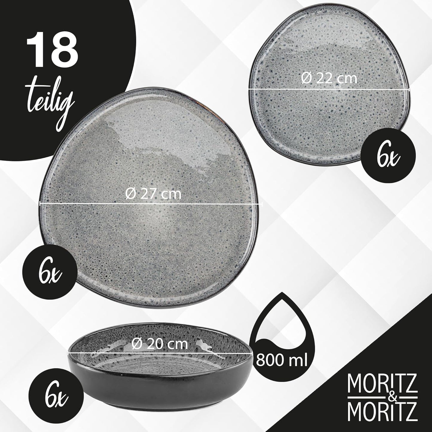 Moritz & Moritz ORGANIC 18-Teiliges Geschirrset 6 Personen Grau - Elegantes Teller Set Aus Hochwertigem Steinzeug - Geschirr Set 6 Personen Aus 6X Dinnerteller, 6X Dessertteller, 6X Suppenteller
