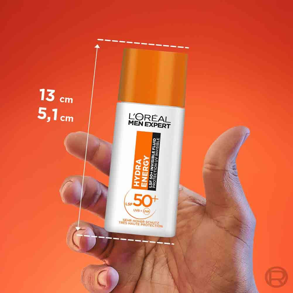 L'Oréal Men Expert UV Sonnenschutz LSF 50 Für Männer, Invisible Fluid Für Das Gesicht Gegen Sonnenstrahlen, Herren Sonnencreme SPF 50+ Gegen Hautalterung Mit Vitamin C, Hydra Energy, 1 X 50 Ml