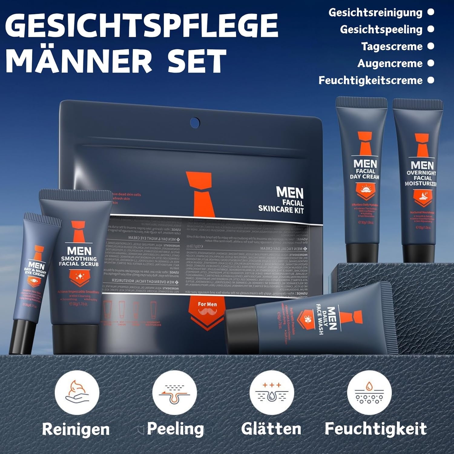 5-Teiliges Gesichtspflege Männer Set, Pflegeset Männer Mit Gesichtsreiniger,Peeling,Augencreme,Tagescreme&Feuchtigkeitscreme, Skincare Set for Glättet&Reduziert Falten, Perfektes Geschenk Für Männer