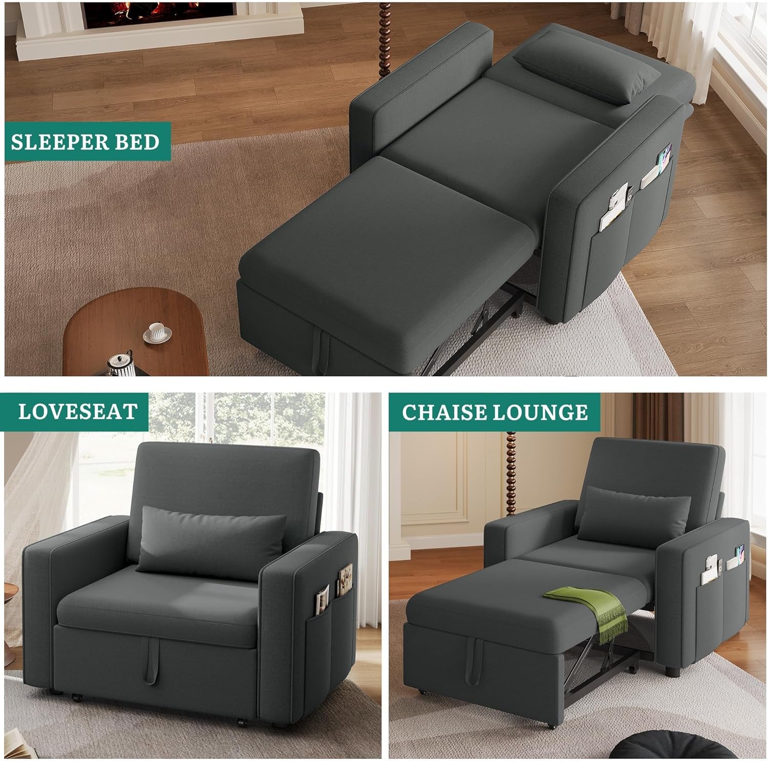 YITAHOME Schlafsessel Mit Bettfunktion 192×88, 3-In-1 Ausziehbares Schlafsofa, Verstellbares Einzelsessel Mit Kissen Und Seitentasche, Sofa Mit Schlaffunktion Für Wohnzimmer Wohnung, Dunkelgrau