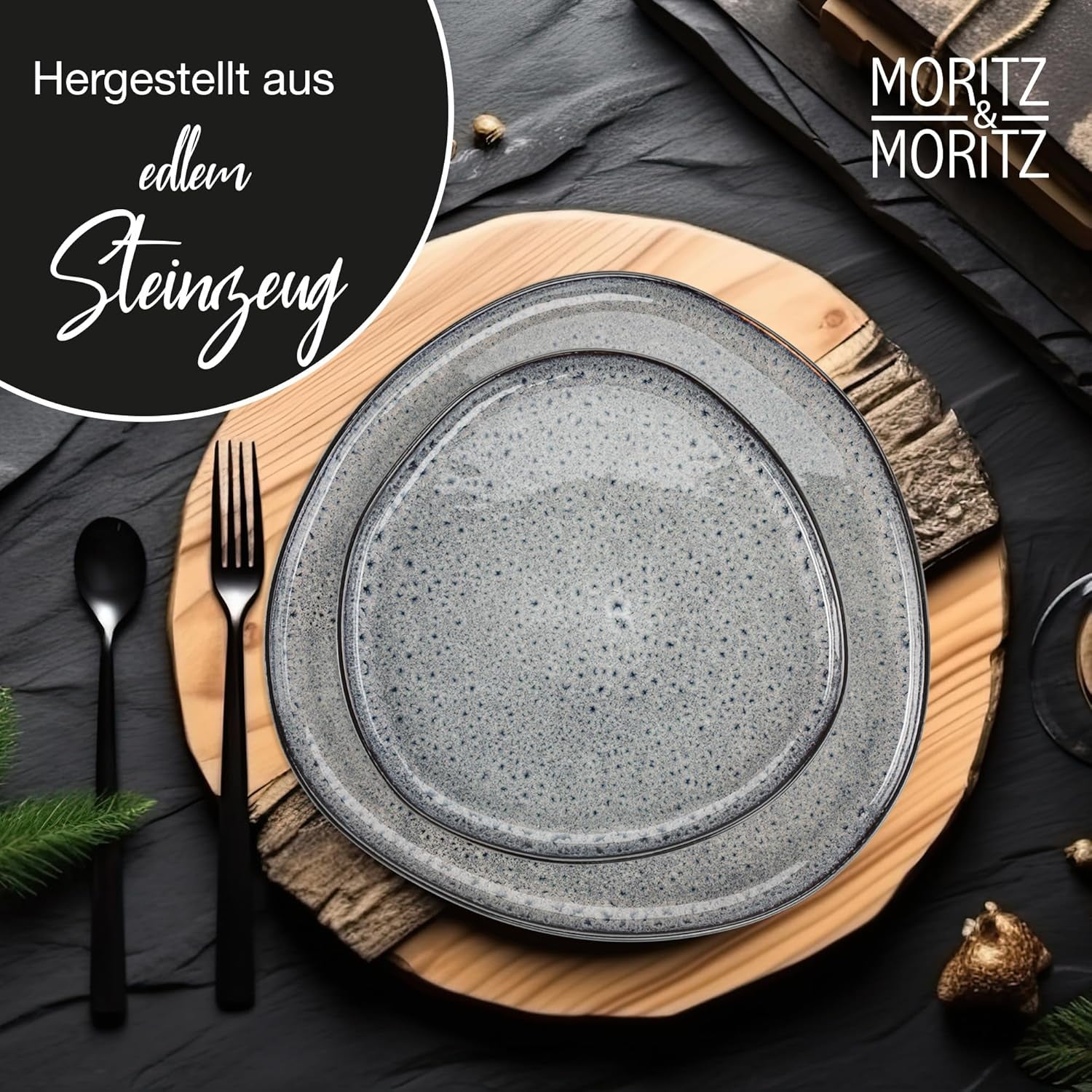 Moritz & Moritz ORGANIC 18-Teiliges Geschirrset 6 Personen Grau - Elegantes Teller Set Aus Hochwertigem Steinzeug - Geschirr Set 6 Personen Aus 6X Dinnerteller, 6X Dessertteller, 6X Suppenteller