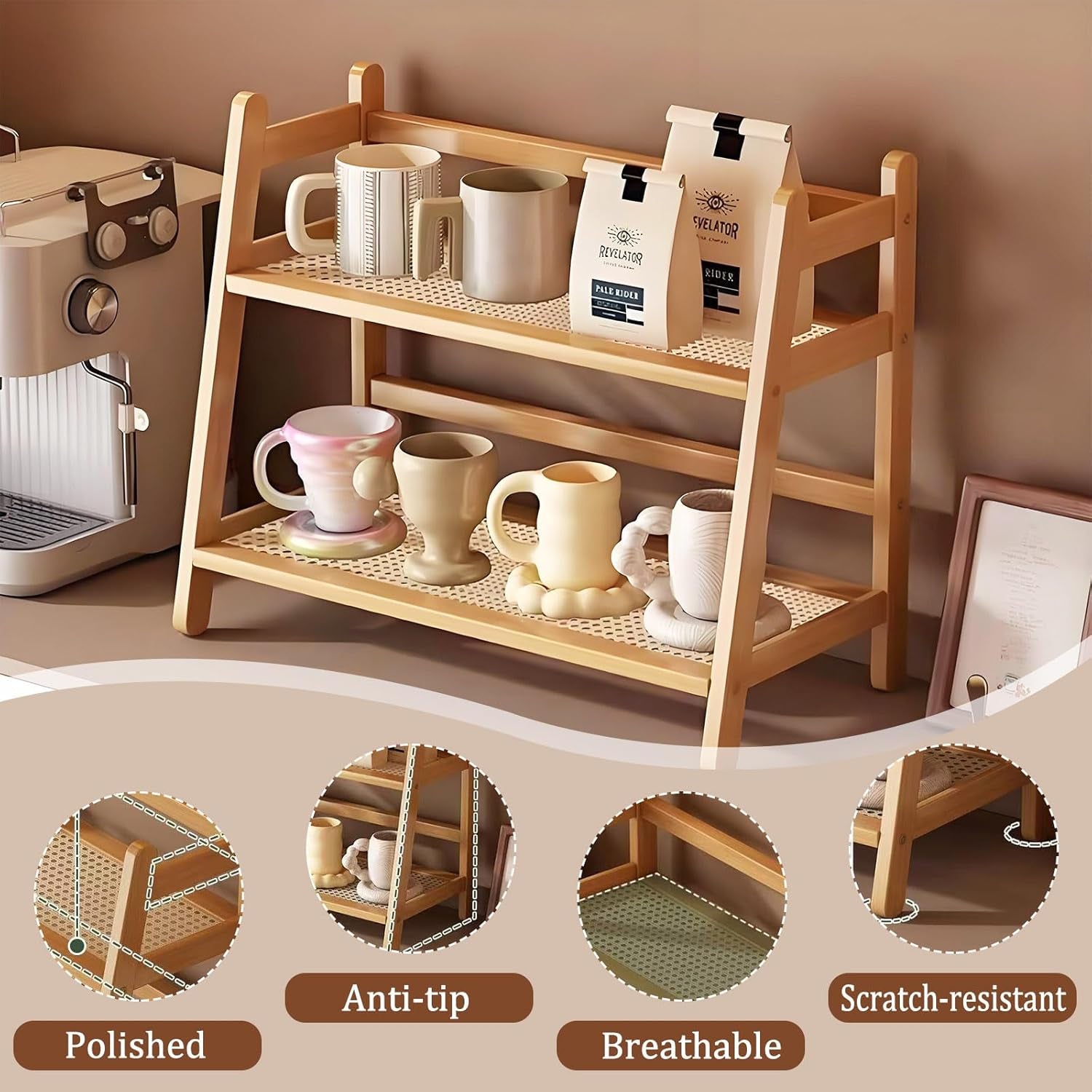 Küchen Organizer 3 Tiers Bambus Nachahmung Rattanweberei Deko Küche,Gewürzregal Stehend Küche Aufbewahrung & Organisation Kaffeepads Aufbewahrung, Tee, Tassenhalter (Braun 40 * 18 * 39)