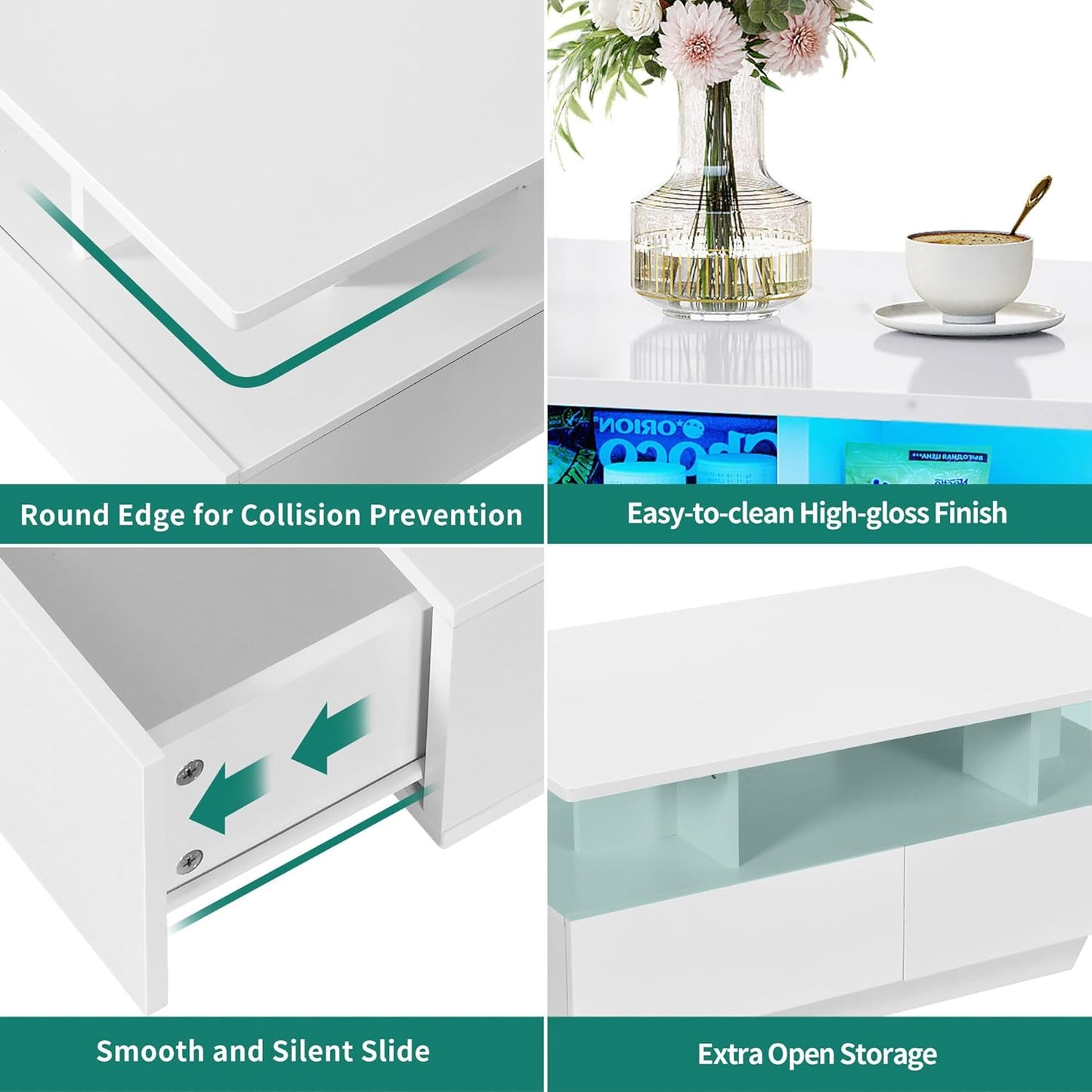 YITAHOME Couchtisch Weiß, Wohnzimmertisch Hochglanz Mit 16-Farbiger LED Beleuchtung Modern, Beistelltisch Weiss Mit Offenem Ausstellungsregal Und 4 Ausziehbaren Schubladen 90X55X41,1 Cm