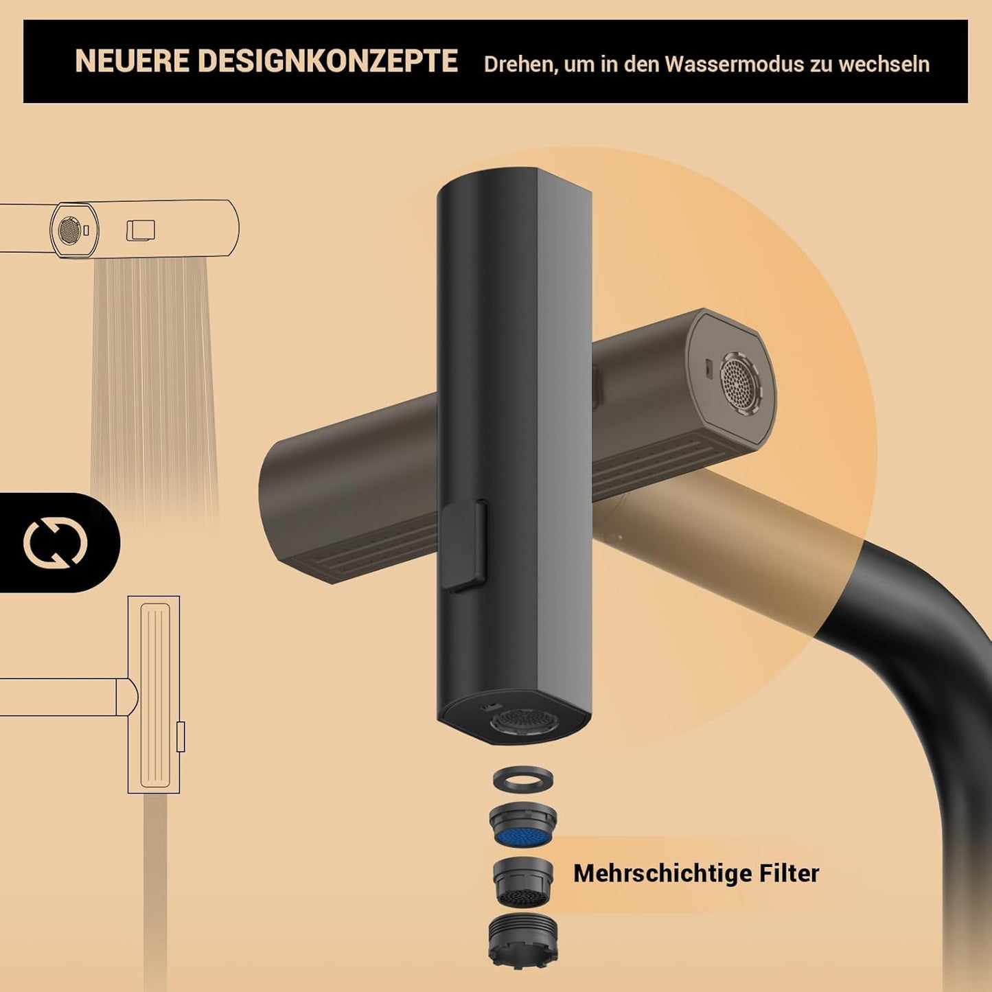 DAYONE Wasserfall Wasserhahn Küche Ausziehbar, Mattschwarz Hochdruck Spültischarmatur Küche Mit Brause, 360° Drehbar Mischbatterie Küche Mit 3 Strahlarten, SUS304 Edelstahl Küchenarmatur