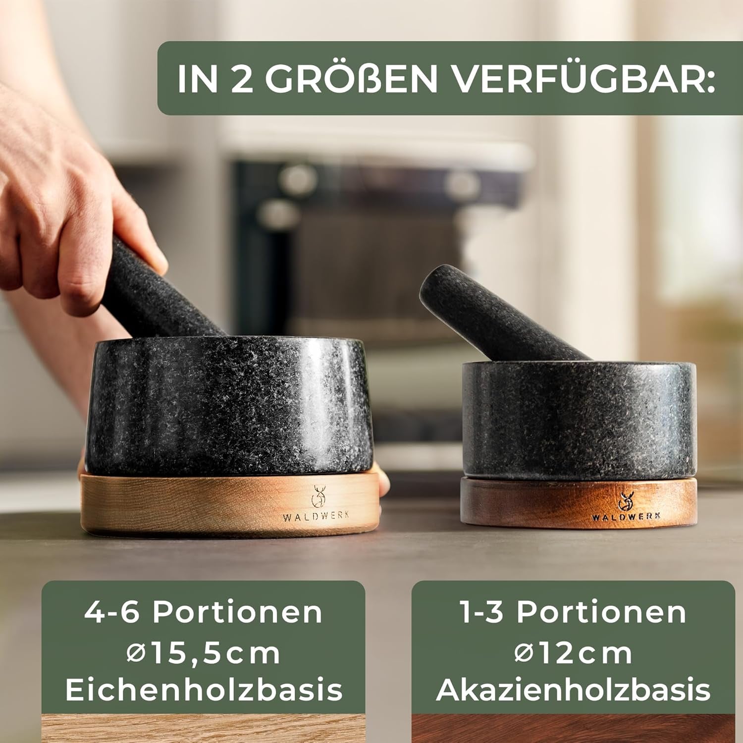 WALDWERK Mörser Mit Stößel (12Cm Durchmesser) - Mörser Auf Edler Und Stabiler Akazienholzbasis - Mörser Mit Stößel Aus Natürlichem Granit