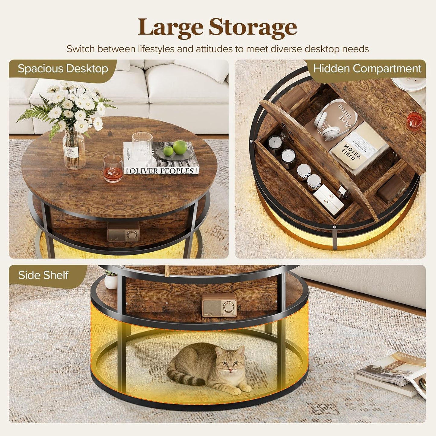 Dripex Couchtisch Rund, 81Cm Durchmesser, Höhenverstellbar Beistelltisch Mit Verstecktem Stauraum, Wohnzimmer Mit Hebeplatte,Couch Tisch,Kaffeetisch, Holz Wohnzimmertisch Für Wohnzimmer, Büro