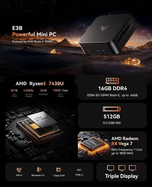 Nipogi E3B Mini PC AMD Ryzen 5 7430U(Bis Zu 4,3Ghz) 16GB DDR4 512GB SSD Mit Radeon RX Vega 7 Graphics Micro Desktop Computer Für Büro/Heimkino/Meeting/Business/Trip |Wifi 6|BT 5.2|USB3.2