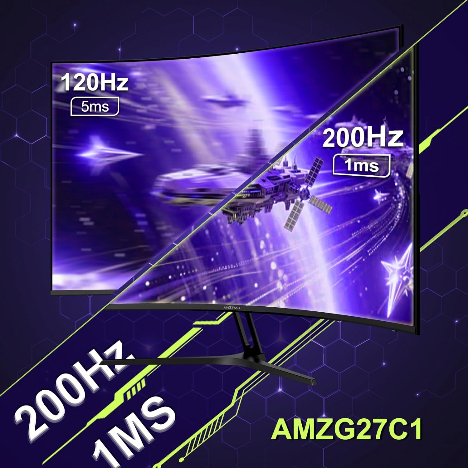 Amzfast 27 Zoll Curved Gaming Monitor - 200Hz, 1920X1080 FHD, Fast VA Panel, 1500R, 1Ms Gtg, Srgb 130%, 3000:1 Contrast, HDR, Adapive Sync, Blaulichtfilter, VESA 100 * 100, HDMI2.0&DP1.2 - AMZG27C1