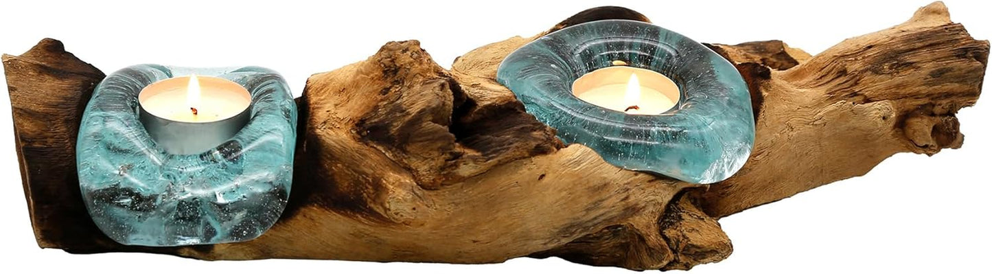 Teelichthalter Glas Und Holz, Tisch Deko Wurzelholz Aus Teakholz Stamm Holzschale - 2Er Für Zwei Teelichter