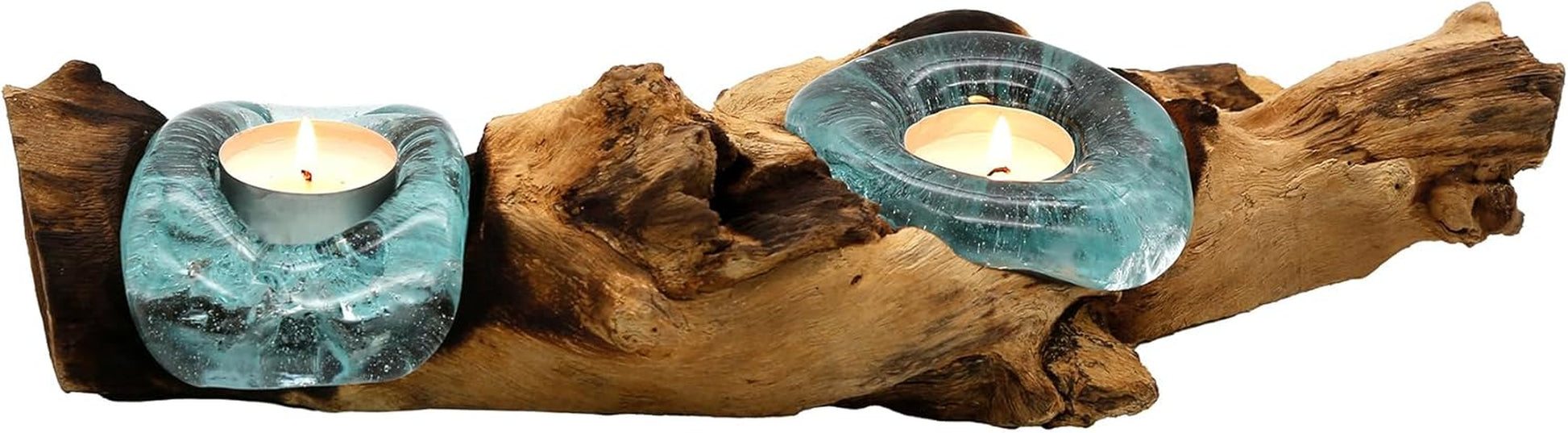 Teelichthalter Glas Und Holz, Tisch Deko Wurzelholz Aus Teakholz Stamm Holzschale - 2Er Für Zwei Teelichter
