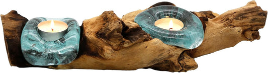 Teelichthalter Glas Und Holz, Tisch Deko Wurzelholz Aus Teakholz Stamm Holzschale - 2Er Für Zwei Teelichter