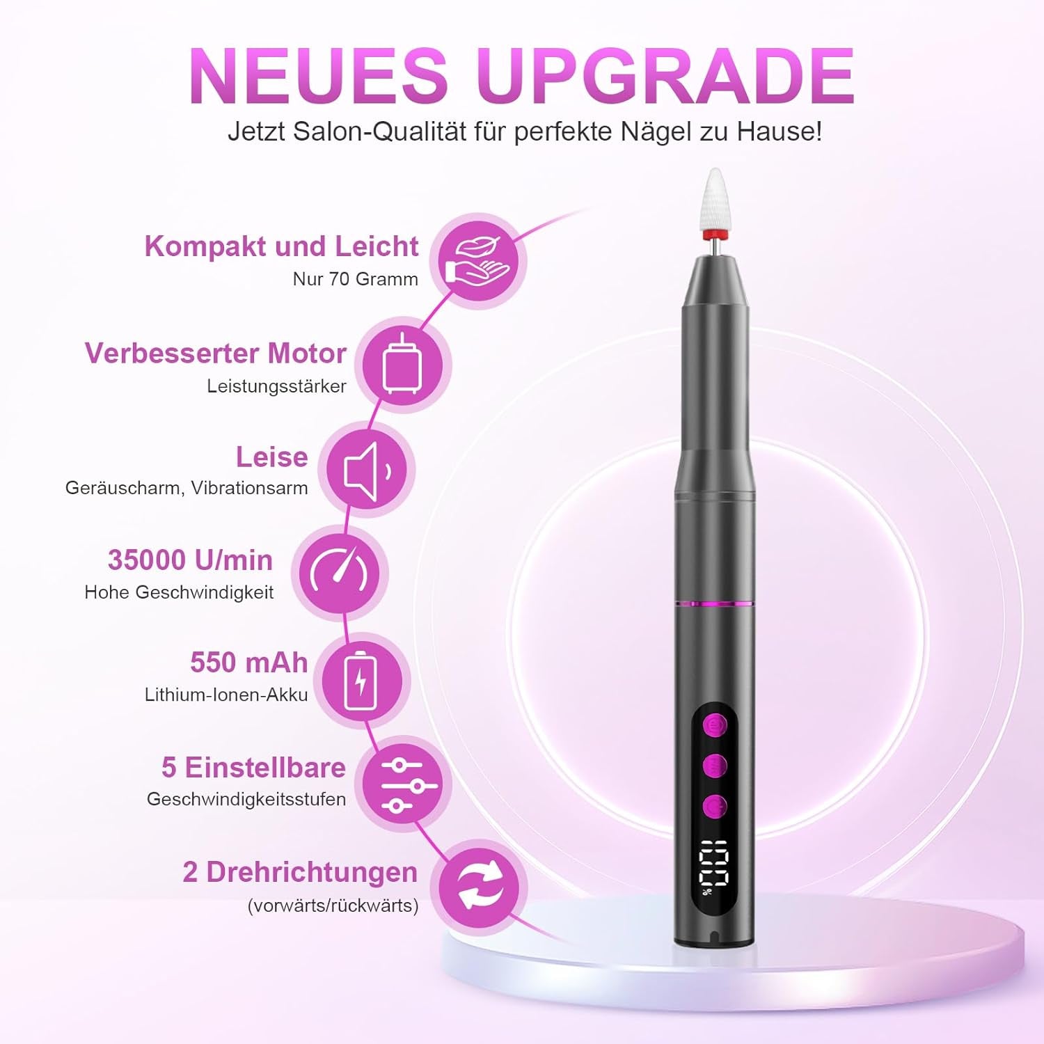 Nagelfräser Kabellose Elektrische Nagelfeile - 35000 U/Min Nagelfräser Für Gelnägel, 12 in 1 Professionell Fräser Für Nägel & Acrylnägel, Maniküre Pediküre Set Mit 5 Geschwindigkeiten