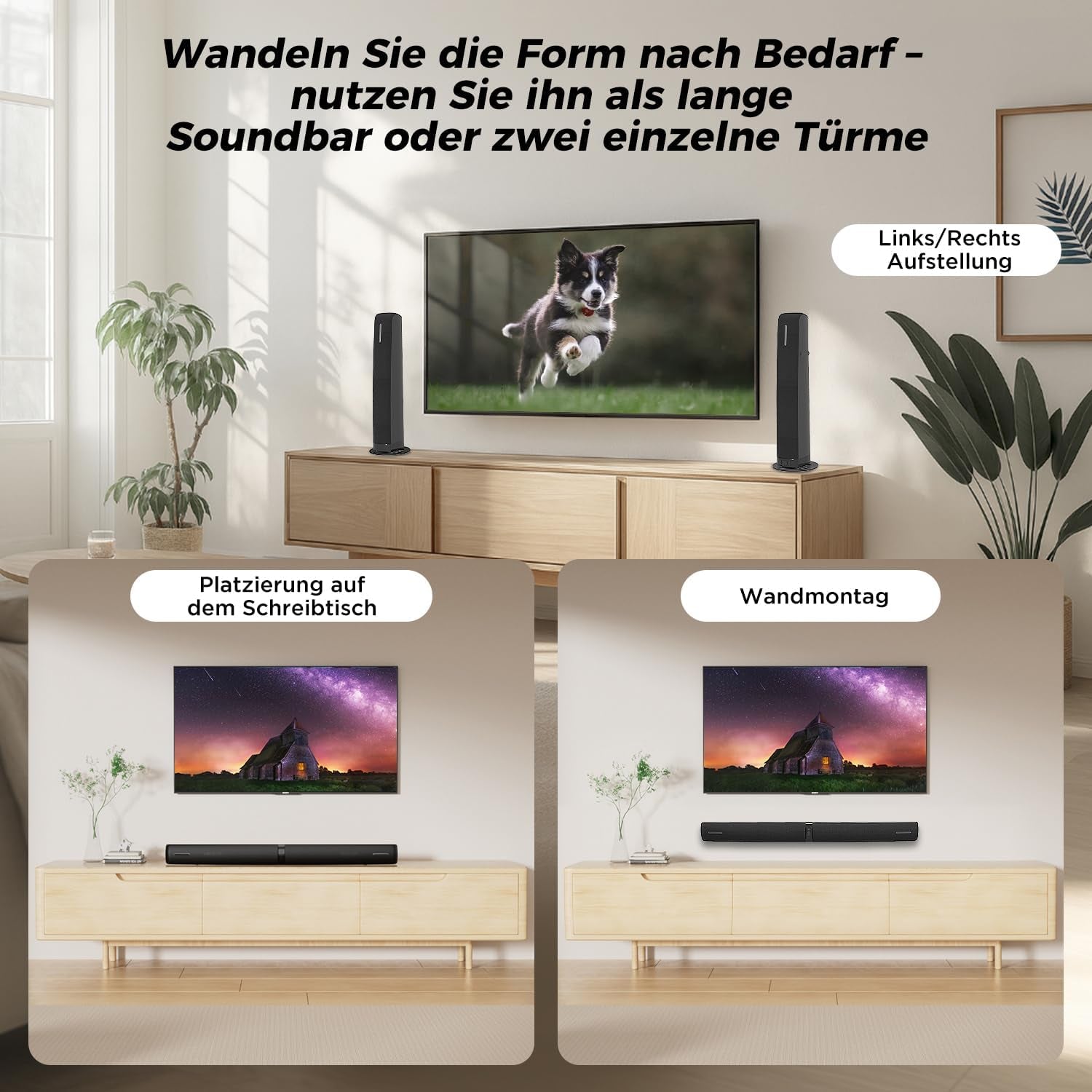 Soundbar Für TV Geräte, 2-In-1 Trennbare Tower-Lautsprecher Mit Bluetooth 5.3/Hdmi-Arc/Optisch/Aux – Wandmontagefähige Home Cinema Sound Bar Mit Surround-Sound Für Pc/Gaming/Projektoren (Black) 1Pcs