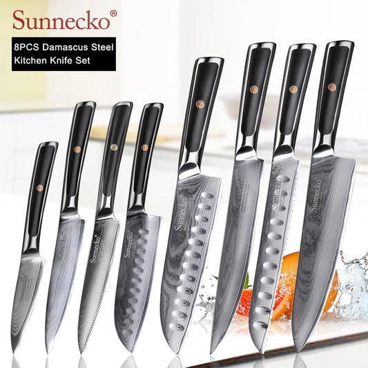 SUNNECKO Damascus Chef Utility Bread Paring Santoku Steak Knife Japanese VG10 Steel G10 Handle Meat Cutting Kitchen Knives Set