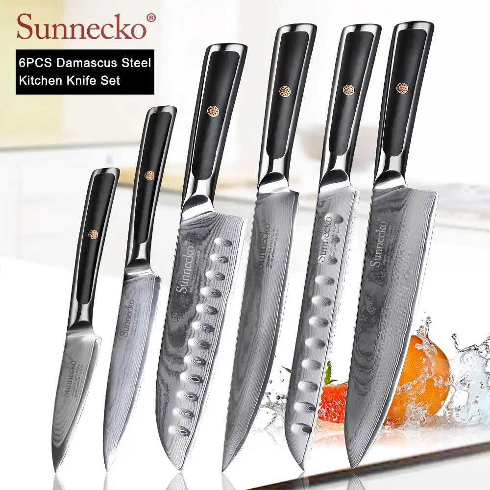 SUNNECKO Damascus Chef Utility Bread Paring Santoku Steak Knife Japanese VG10 Steel G10 Handle Meat Cutting Kitchen Knives Set