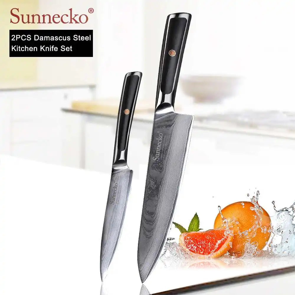 SUNNECKO Damascus Chef Utility Bread Paring Santoku Steak Knife Japanese VG10 Steel G10 Handle Meat Cutting Kitchen Knives Set
