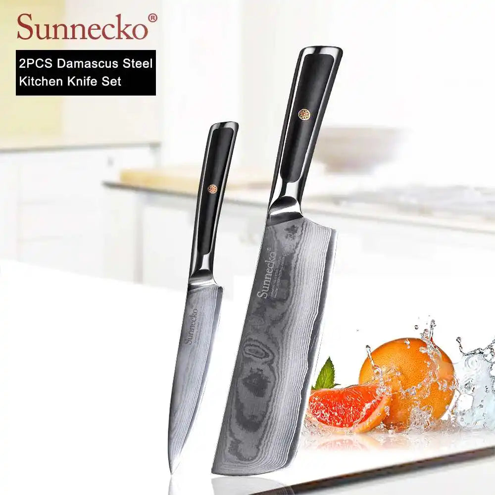 SUNNECKO Damascus Chef Utility Bread Paring Santoku Steak Knife Japanese VG10 Steel G10 Handle Meat Cutting Kitchen Knives Set