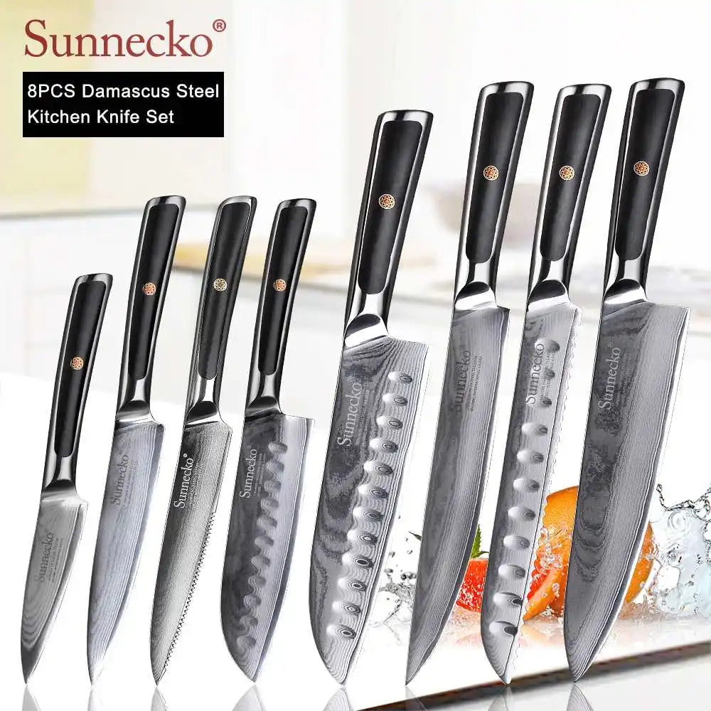 SUNNECKO Damascus Chef Utility Bread Paring Santoku Steak Knife Japanese VG10 Steel G10 Handle Meat Cutting Kitchen Knives Set