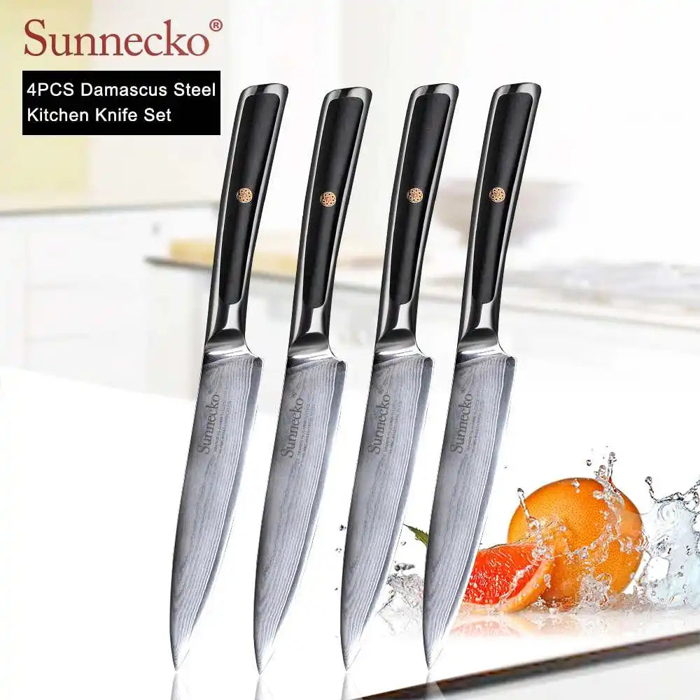 SUNNECKO Damascus Chef Utility Bread Paring Santoku Steak Knife Japanese VG10 Steel G10 Handle Meat Cutting Kitchen Knives Set
