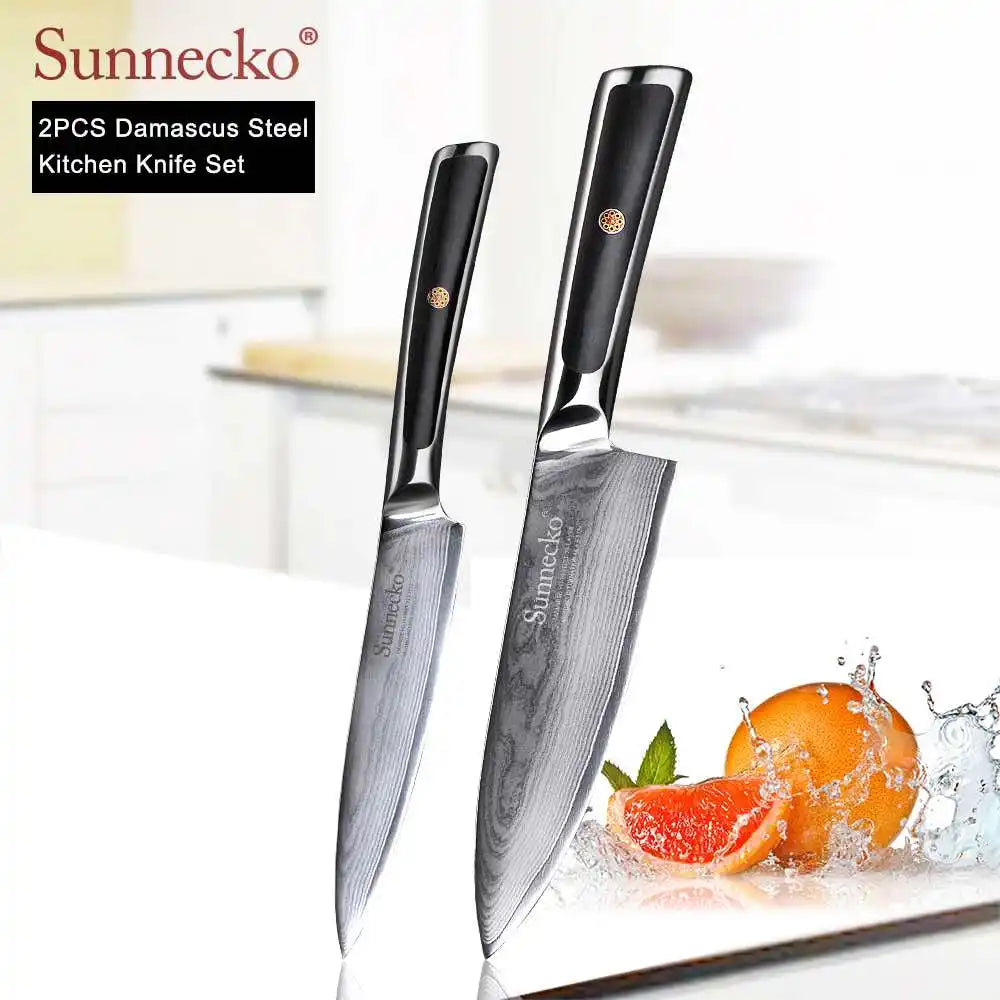 SUNNECKO Damascus Chef Utility Bread Paring Santoku Steak Knife Japanese VG10 Steel G10 Handle Meat Cutting Kitchen Knives Set