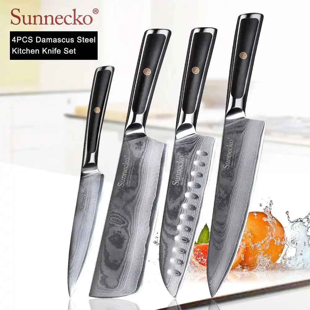 SUNNECKO Damascus Chef Utility Bread Paring Santoku Steak Knife Japanese VG10 Steel G10 Handle Meat Cutting Kitchen Knives Set