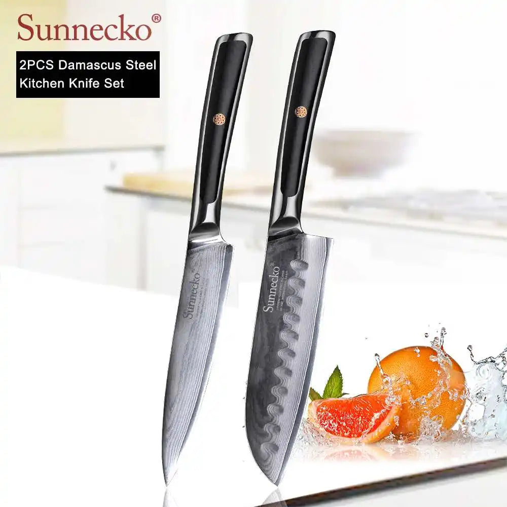 SUNNECKO Damascus Chef Utility Bread Paring Santoku Steak Knife Japanese VG10 Steel G10 Handle Meat Cutting Kitchen Knives Set