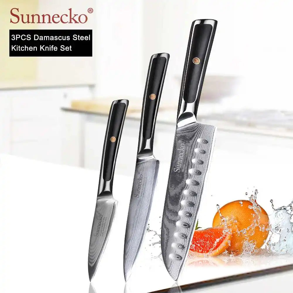SUNNECKO Damascus Chef Utility Bread Paring Santoku Steak Knife Japanese VG10 Steel G10 Handle Meat Cutting Kitchen Knives Set