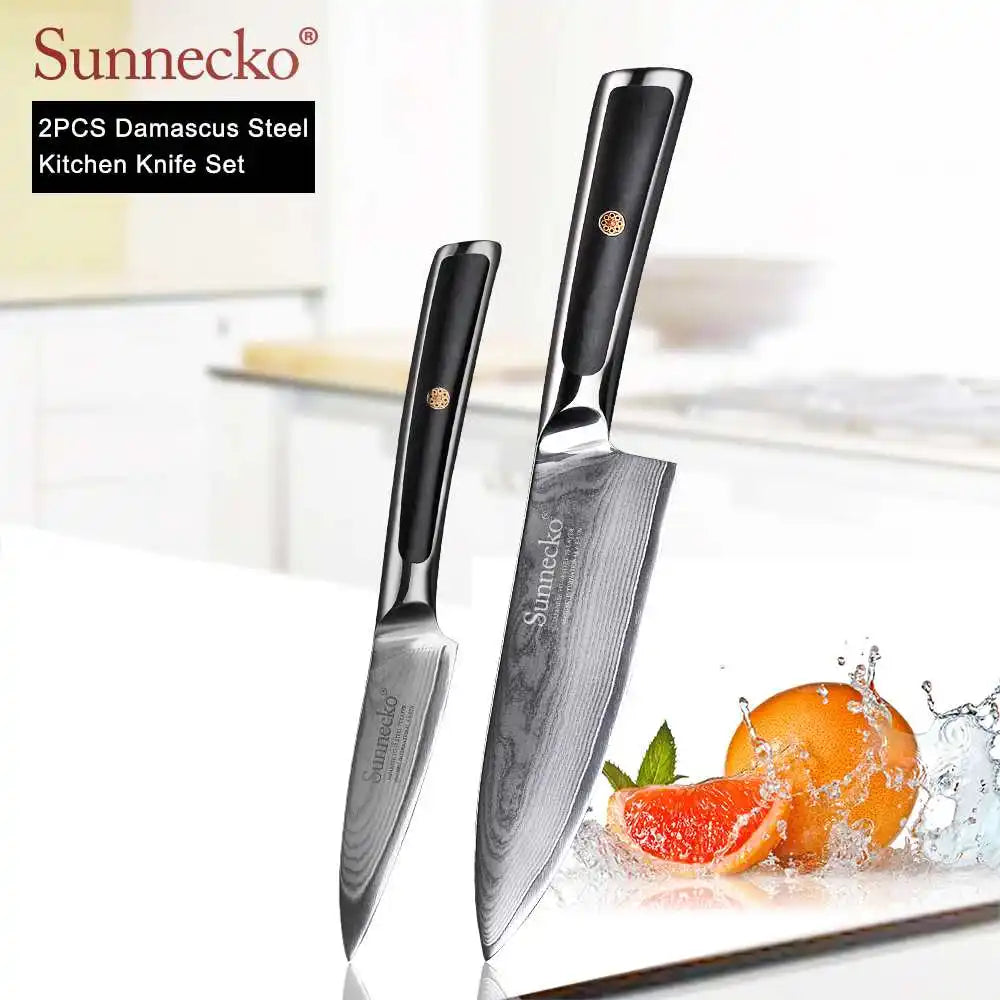 SUNNECKO Damascus Chef Utility Bread Paring Santoku Steak Knife Japanese VG10 Steel G10 Handle Meat Cutting Kitchen Knives Set