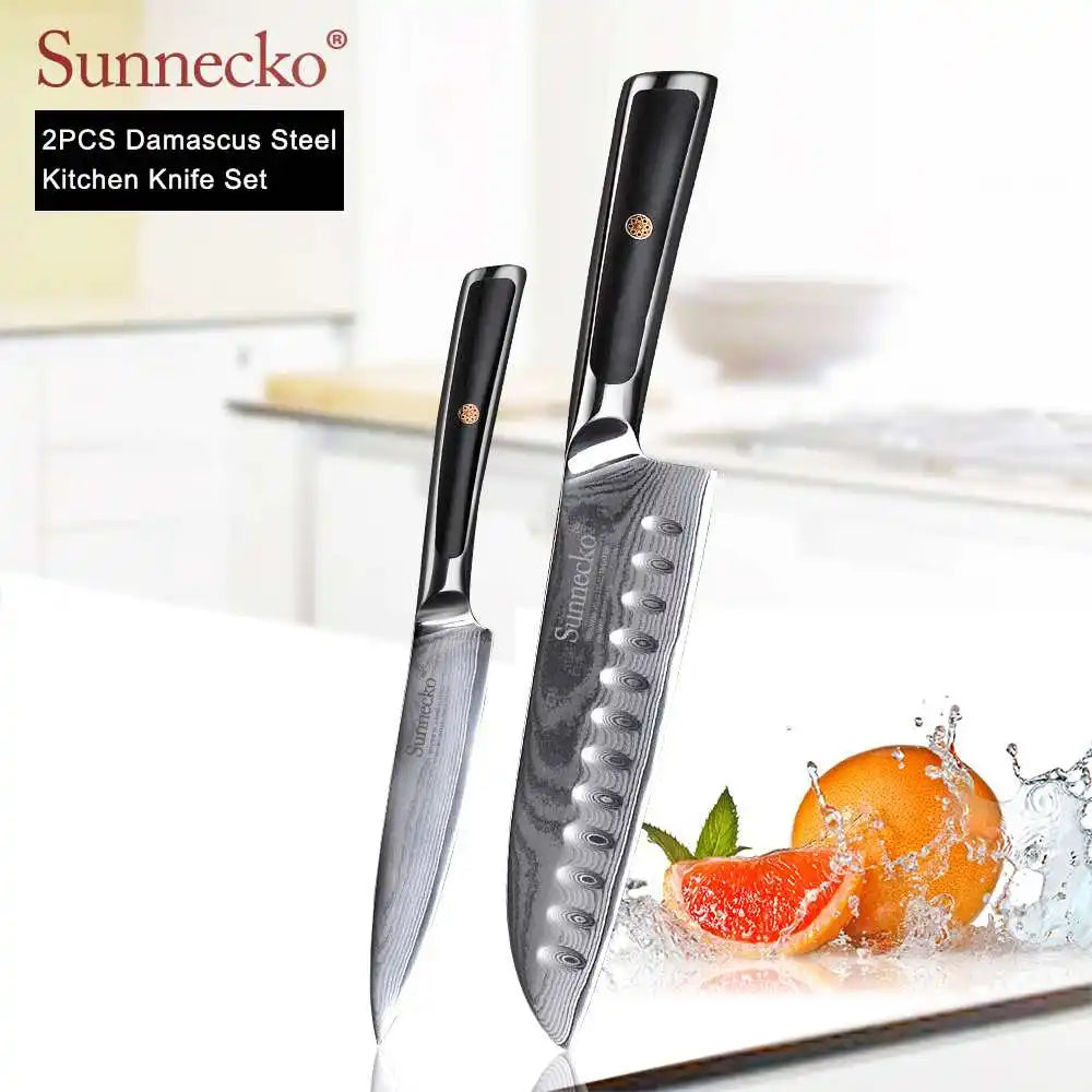 SUNNECKO Damascus Chef Utility Bread Paring Santoku Steak Knife Japanese VG10 Steel G10 Handle Meat Cutting Kitchen Knives Set