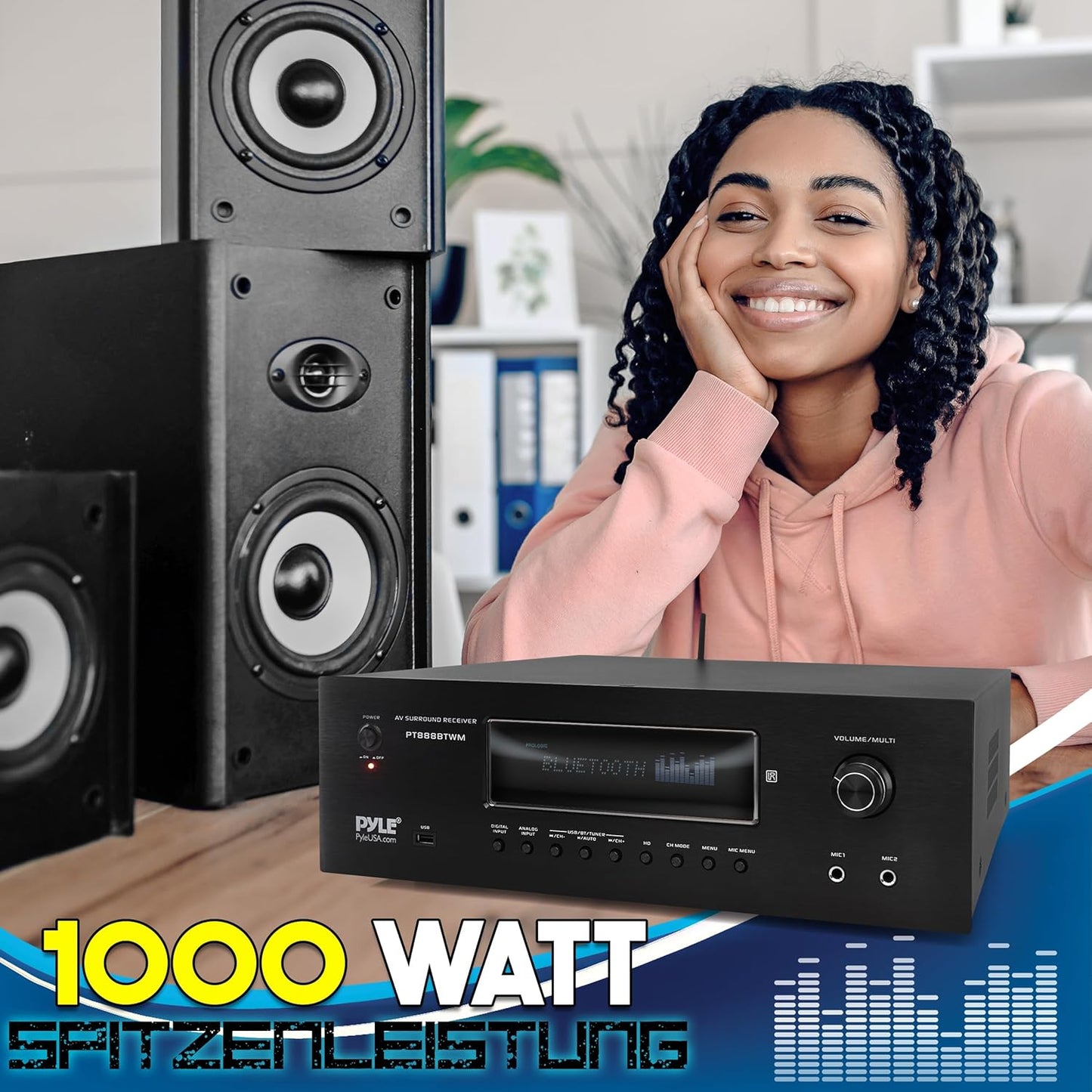 Pyle Amplifier, 5.2 Kanal Bluetooth Verstärker, 1000W AV Receiver Mit 2 UHF Kabellosen Mikrofonen, 4K UHD TV HDM/USB/MP3 Unterstützung, Heimkino & Karaoke Sound System