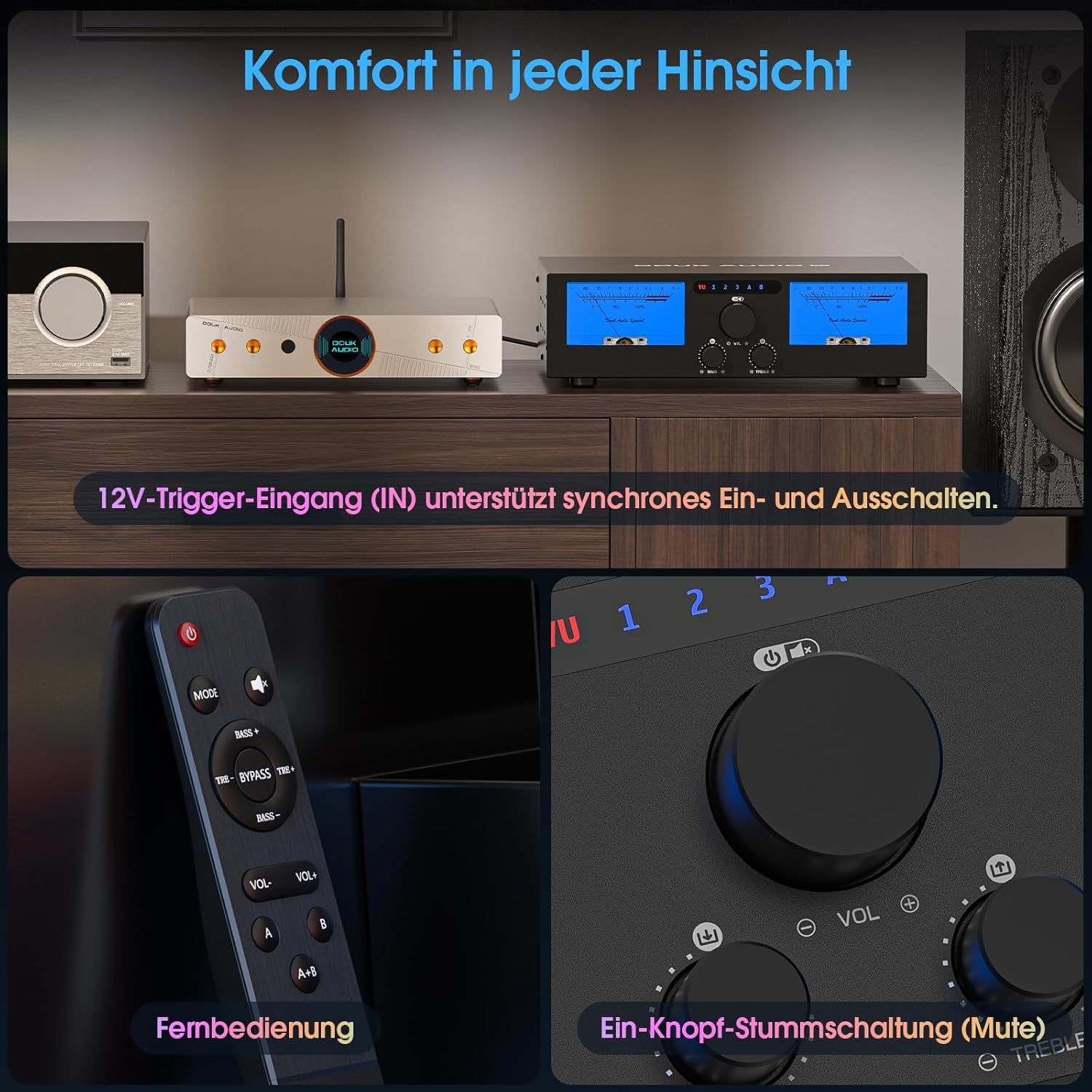 Doukaudio 600W 2/4-Kanal Verstärker: Lautsprecherwähler | Digitalverstärker Für Eversolo DMP-A6 Mit Symmetrische Xlr-Cinch-Eingänge | Tonumgehung | Vu-Meter | Fernbedienung Für Heimkino-Lautsprecher