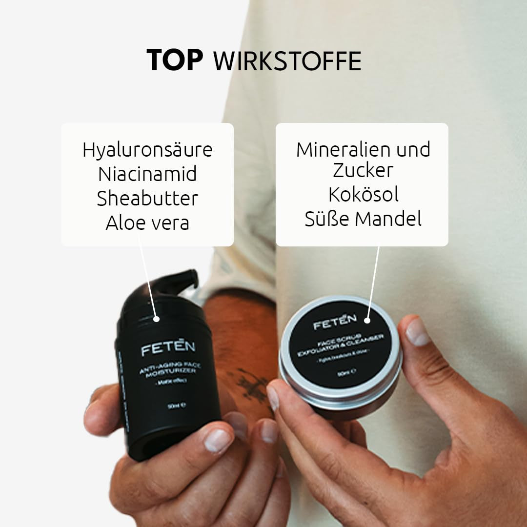 FETEN Anti-Unvollkommenheitsset Für Herren, Gesichtspeeling + Feuchtigkeitscreme, Anti-Falten-Matteffekt, Gesichtsbehandlung Für Männer, Geschenkset