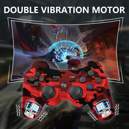 PS3 Controller Wireless 2 Pack,Verbesserte Fernbedienung Für Ps3,6-Achsen Gyro Sensor,Doppelter Vibration,Usb-Ladekabel (Camo Rot Und Camo Grün)