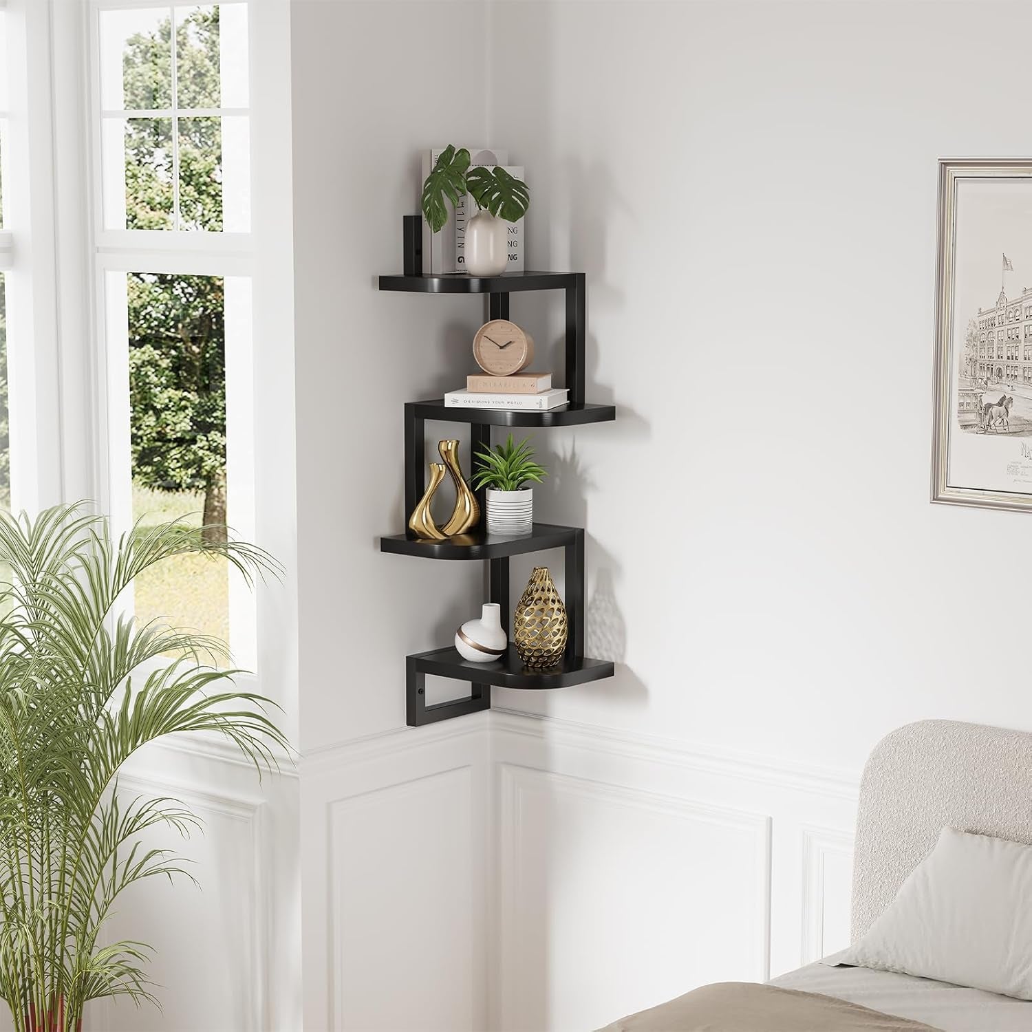 Eckregal Hängend Set Aus 4, Rustikale Holz-Wandaufbewahrung Für Kinderzimmer Bücherregal, Niedliches Eck-Wandregale Aus Holz Für Badezimmer Wohnzimmer Küchendekoration, Schwarz