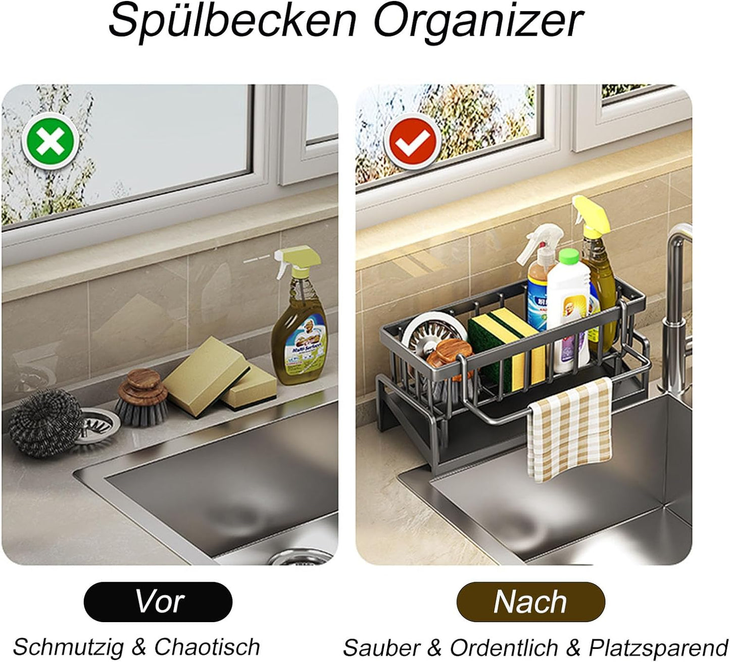 Spüle Küchen Organizer, Spülbecken Organizer Mit Selbstentleerender Ablaufwanne for Schwammhalter, Handtuchhalter, Spültuchhalter, Super Organizer Für Küche Und Badezimmer. (Schwarz)