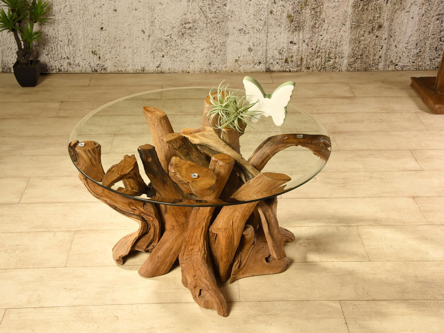 Koroba Couchtisch Sofatisch Wurzelholz Wohnzimmertisch Mit Glasplatte