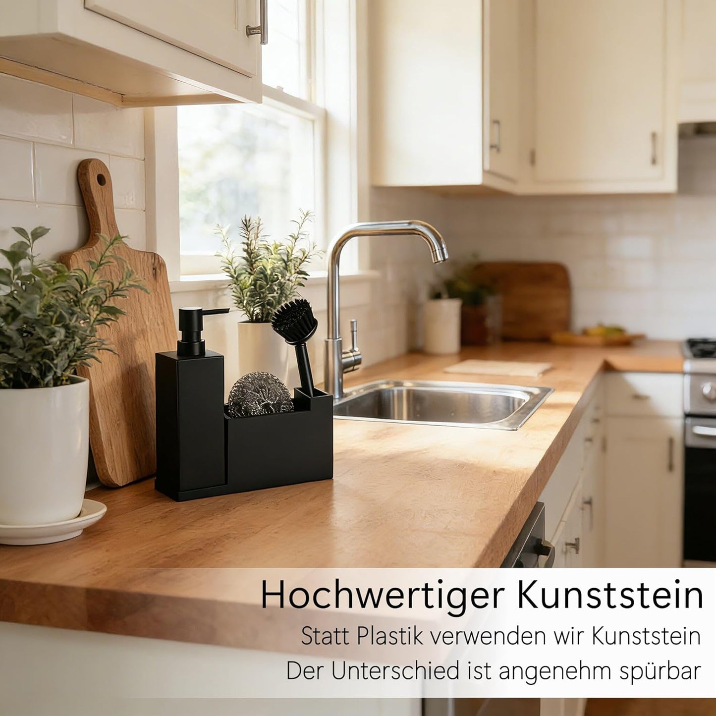 Küchen Organizer Spüle – Spülbecken Organizer Aus Matt-Schwarzem Kunststein – Schmal Und Elegant - Zubehör Für Stilvolle Küchen - Inkl. Seifenspender Und Metallschwamm