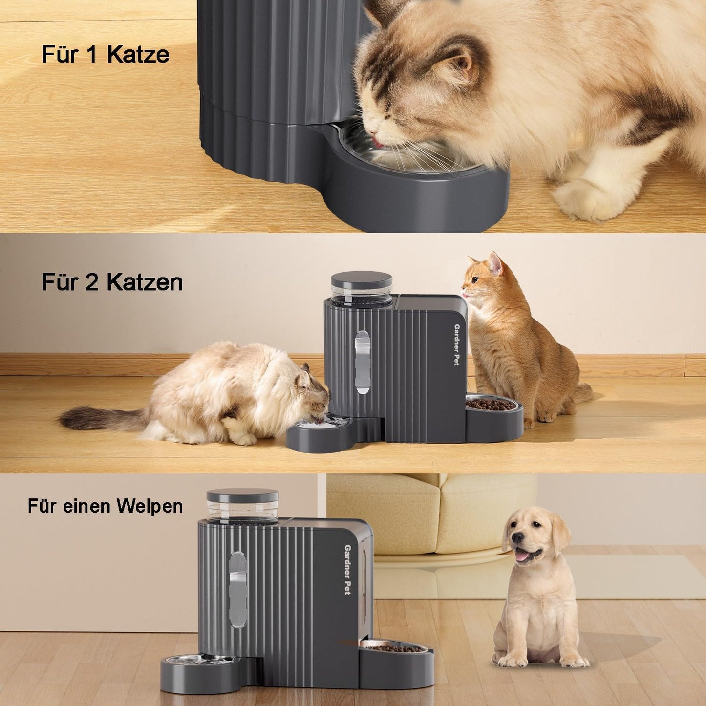 Gardner Pet Automatischer Futterspender Für Katzen/Hunde 2 Näpfe(3L*2), Futterautomat Katze Und Wasserspender Hund Mit Edelstahlschüssel, Ohne Strom, BPA Frei, Gravitation Katzenfutter Automat (Grau)
