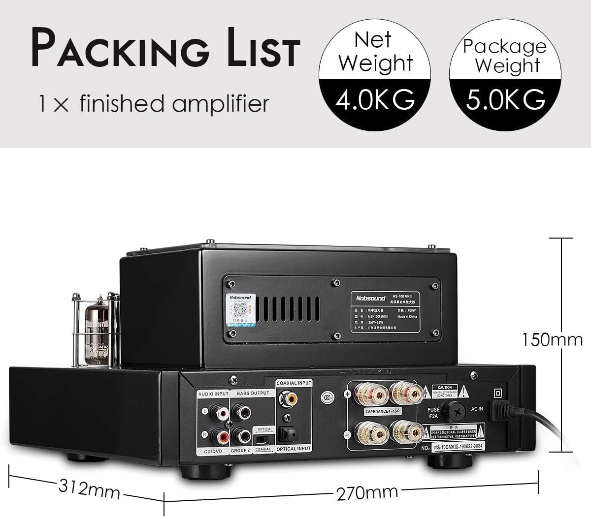 Nobsound MS-10D MKIII Hifi Röhrenverstärker: Bluetooth Hybrid Röhren-Endstufe Stereo Subwoofer Amplifier Usb/Optisch/Koax