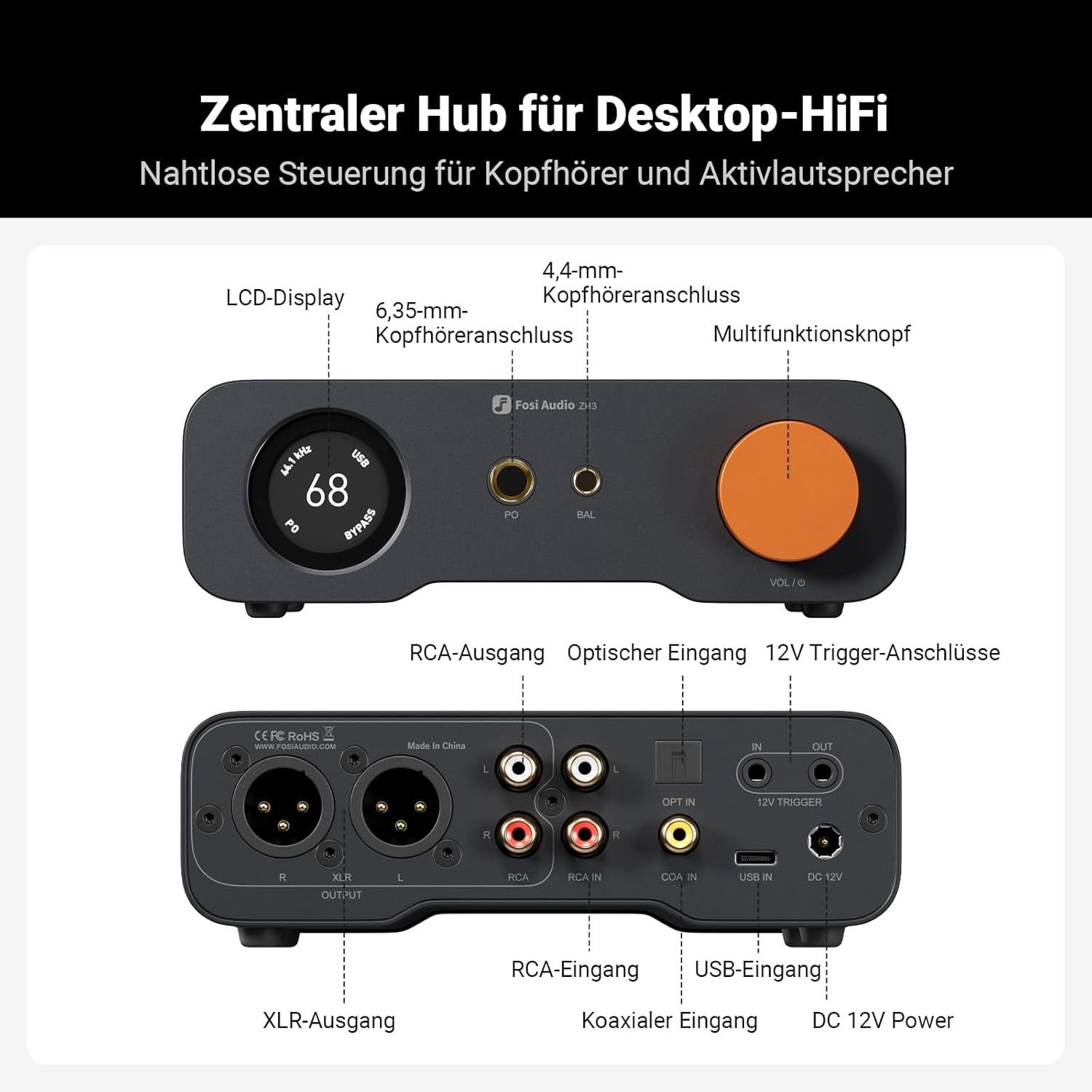 Fosi Audio ZH3 Full Balanced Hifi Vorverstärker, DAC Kopfhörerverstärker Mit AKM4493SEQ XMOS XU316 PCM 768Khz Für Verstärker, Usb/Optical/Coax/Rca/12V Trigger Eingang, Xlr/Rca/4.4Mm/6.35Mm Ausgang