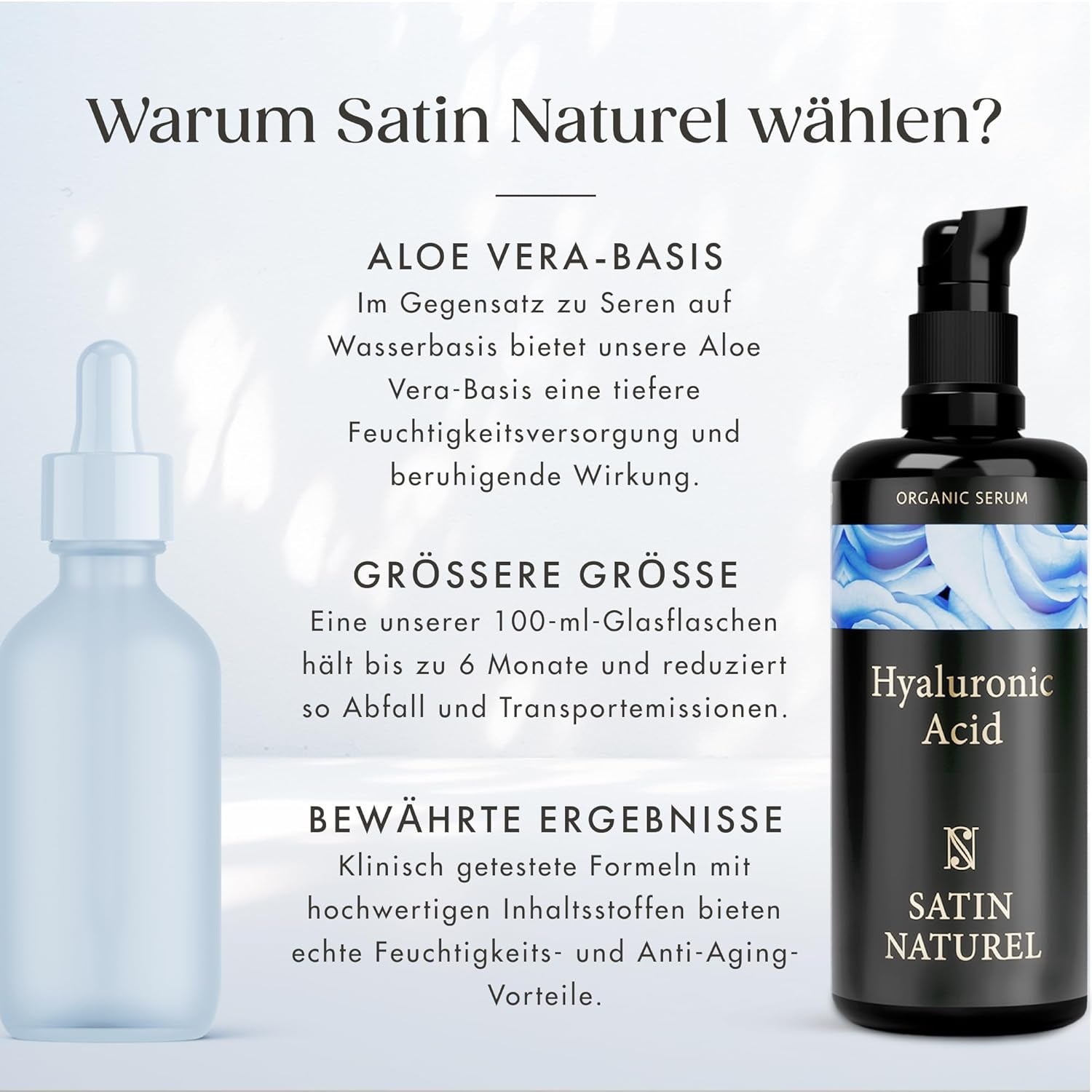 Satin Naturel Hyaluron Serum Hochdosiert 100Ml – Bio Hyaluronsäure Serum Gesicht – Anti-Aging Feuchtigkeitsserum – Vegan – 24H Feuchtigkeit – Gesichtspflege Für Frauen Und Männer
