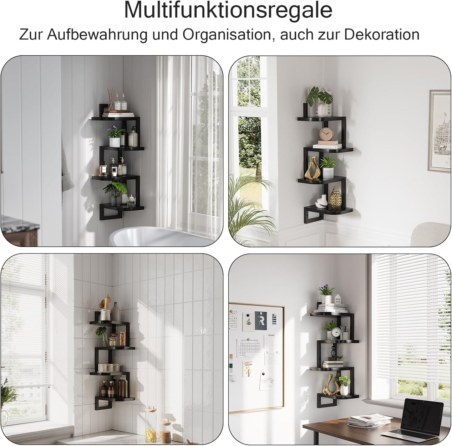 Eckregal Hängend Set Aus 4, Rustikale Holz-Wandaufbewahrung Für Kinderzimmer Bücherregal, Niedliches Eck-Wandregale Aus Holz Für Badezimmer Wohnzimmer Küchendekoration, Schwarz