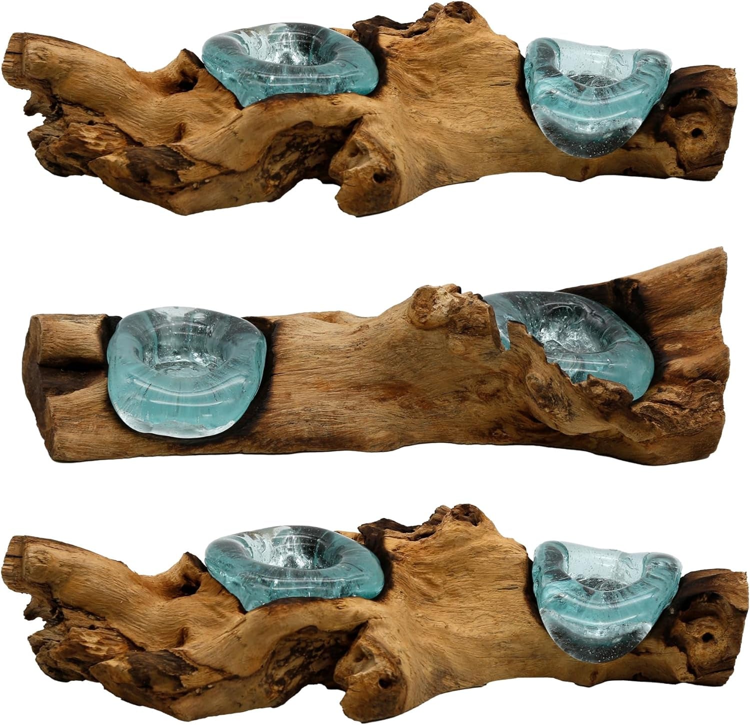 Teelichthalter Glas Und Holz, Tisch Deko Wurzelholz Aus Teakholz Stamm Holzschale - 2Er Für Zwei Teelichter