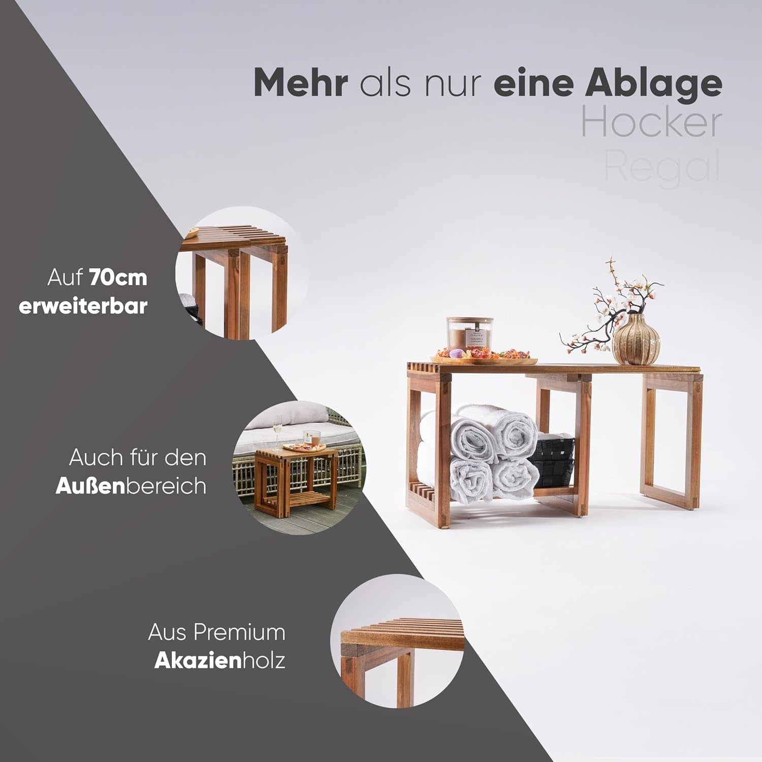 Ausziehbarer Duschhocker Aus Akazienholz - Duschbank Akazie Mit Ablage - Multifunktionale Saunabank - Hocker & Beistelltisch Aus Holz Für Badezimmer - Dusche - Balkon - Garten - Outdoor - Indoor