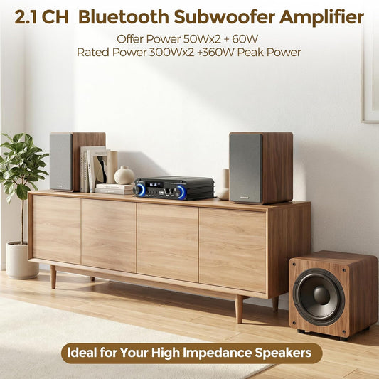 2.1 Kanal Stereo Audio Verstärker, Bluetooth 5.0 Hifi Endstufe Mit Subwoofer-Ausgang, 300W×2+360W, USB/AUX, Fernbedienung, Bass- & Höhenregelung, Für Aktive/Passive Subwoofer Und Lautsprecher