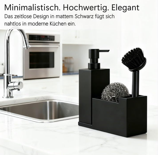 Küchen Organizer Spüle – Spülbecken Organizer Aus Matt-Schwarzem Kunststein – Schmal Und Elegant - Zubehör Für Stilvolle Küchen - Inkl. Seifenspender Und Metallschwamm