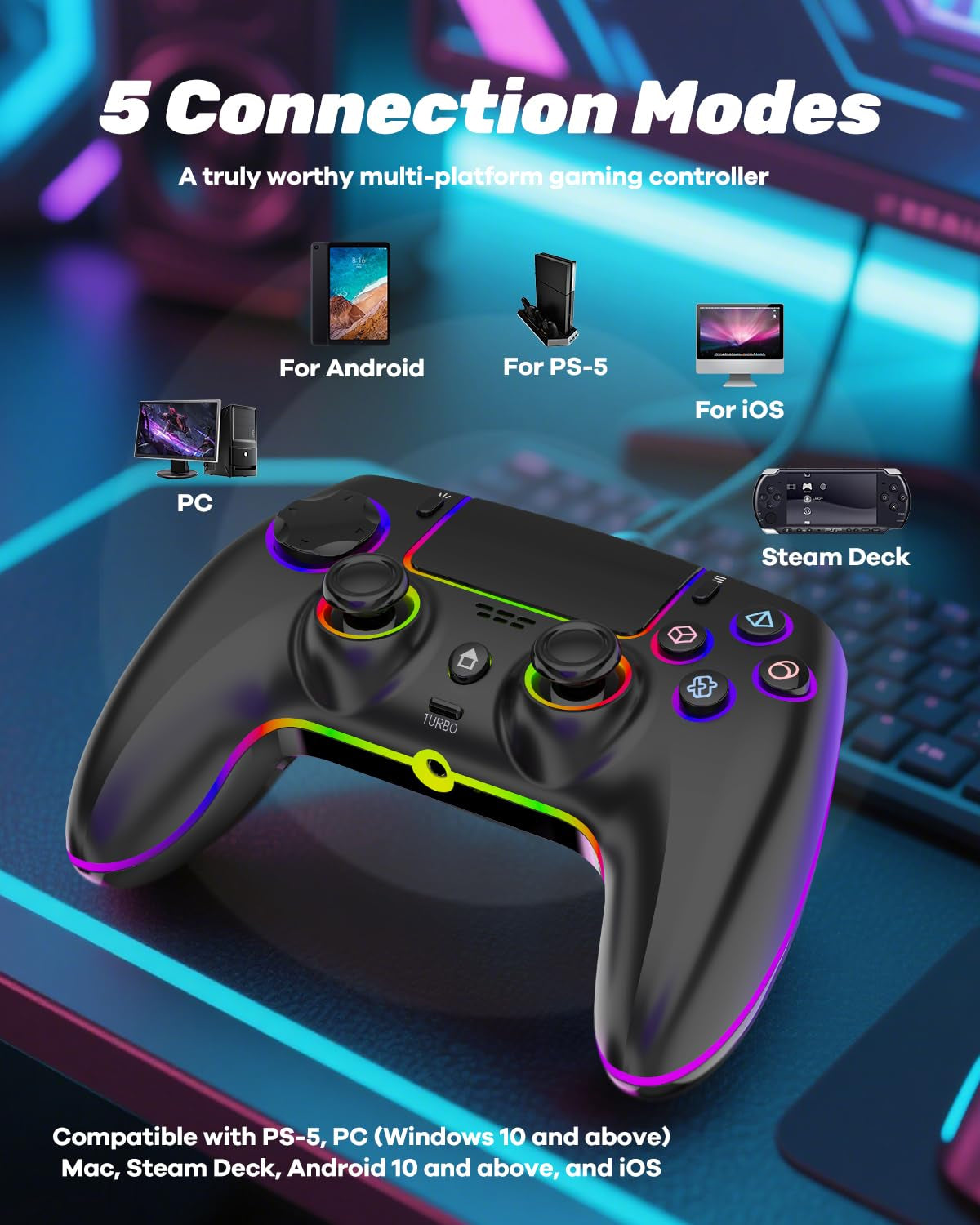MYSTILUCK Wireless Pro Controller Für Ps-5/Pc/Mac/Ios/Android/Steam Deck, Gamepad Mit 7 Variablen RGB Farben/Hall Effect Sticks&Triggers/Dual Vibration/Headset Anschluss/1500 Mah Akku